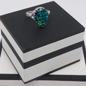 Tear Drop Sterling Silver ring with Peacock Blue/Green Opal Triplet