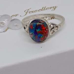 Sterling Silver Oval Ring with Black Opal Triplet Stone with Gothic Shoulders